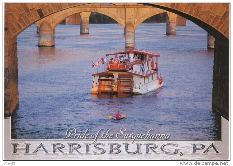 Harrisburg PA Pennsylvania, Susquehanna River Boat Under Bridges, C1990s Vintage Postcard - Harrisburg