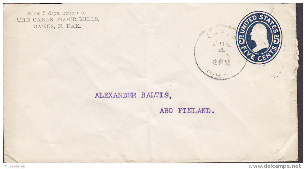 United States Postal Stationery Ganzsache Entier Private Print The OAKES FLOUR MILLS, OAKES S. Dakota To ÅBO Finland - 1921-40