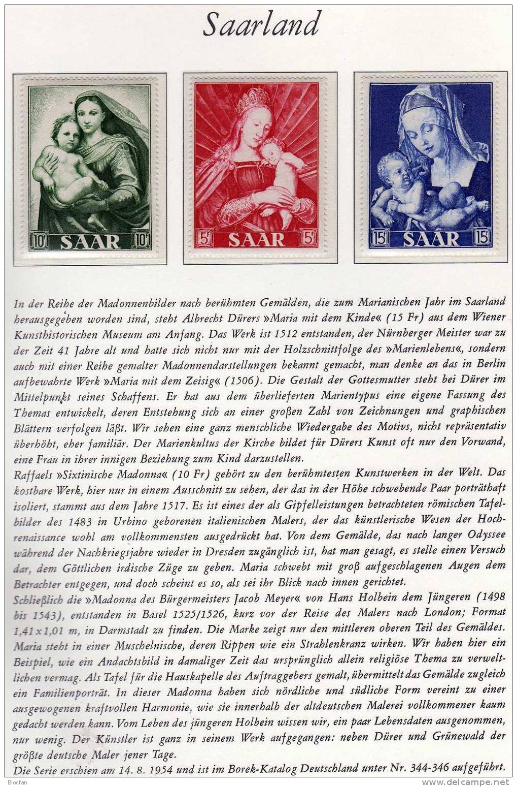 Marianne-Jahr 1954 Saarland 351/3 ** 5€ Madonna-Gemälde Der Saar Holbein Raffael Dürer Art Stamp Painting Set Of Germany - Sonstige & Ohne Zuordnung