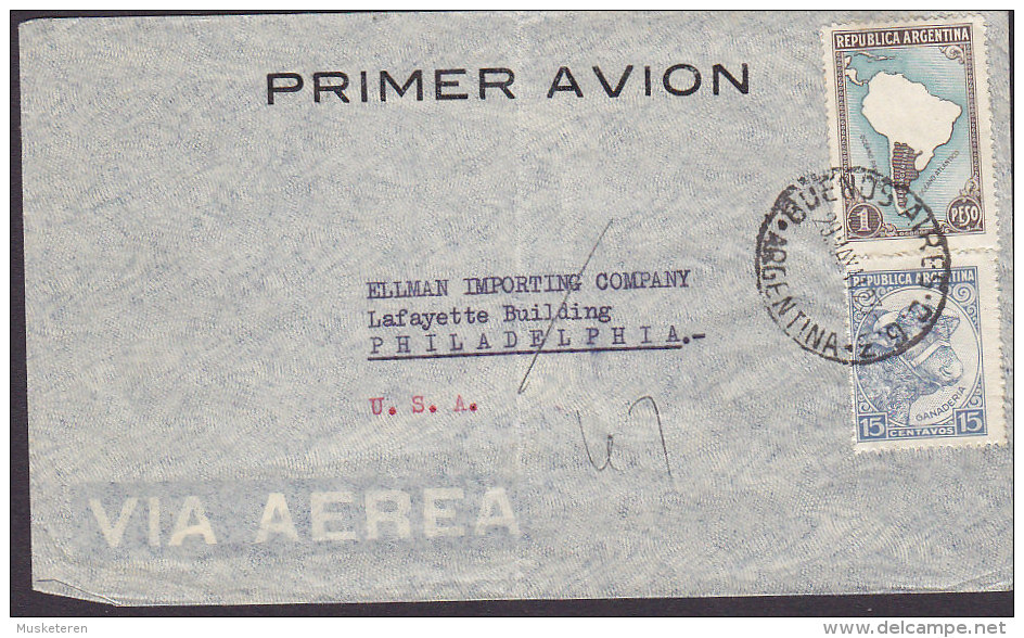 Argentina Via Aerea PRIMER AVION, BUENOS AIRES 1923 Cover Letra Lafayette Building PHILADELPHIA United States Map Bull - Luftpost