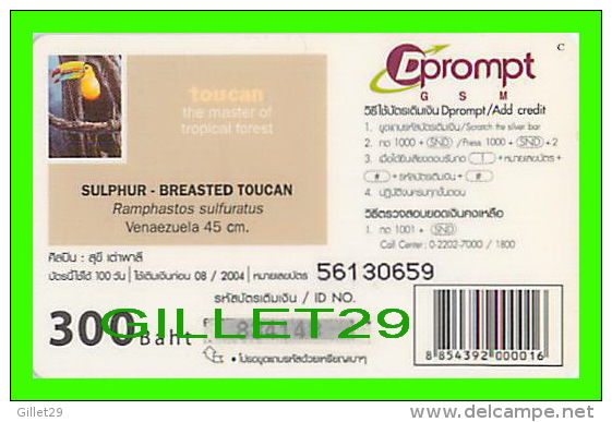 TÉLÉCARTES, THAILANDE -  BIRDS, SULPHUR-BREASTED TOUCAN - RAMPHASTOS SULFURATUS - 300 BAHT - PHONECARDS - AUGUST/2004 - - Autres & Non Classés