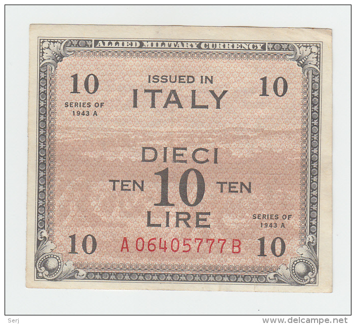 Italy 10 Lire 1943 VF+ P M19b M19 B - Ocupación Aliados Segunda Guerra Mundial