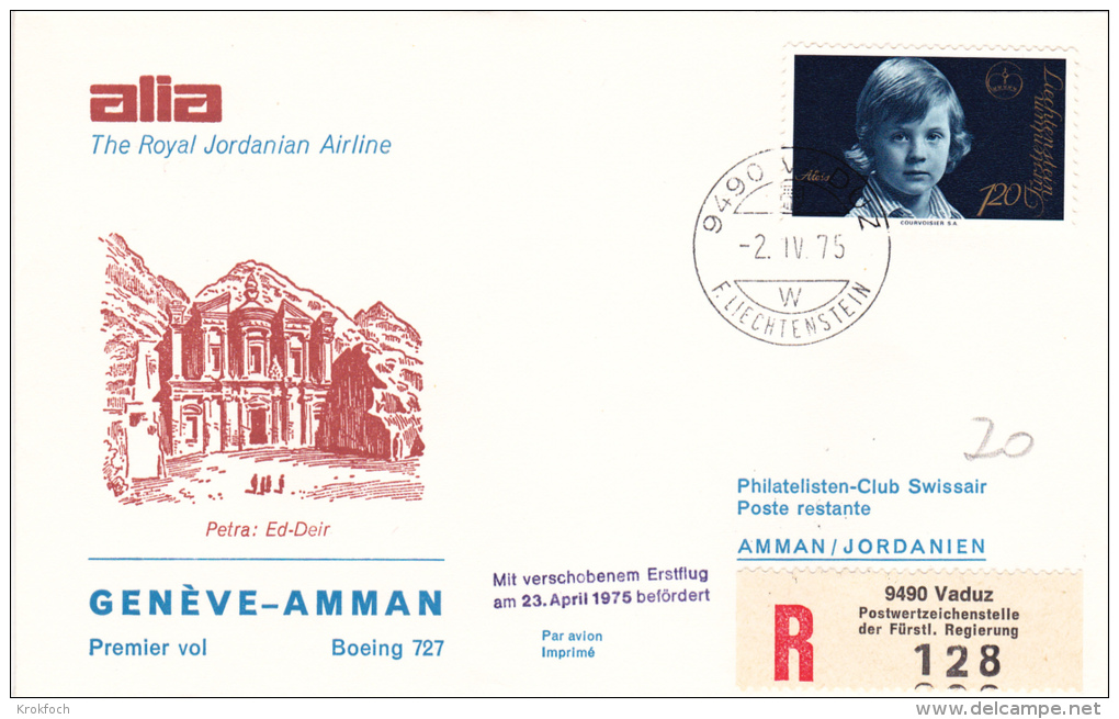 First Flight Genève Amman 1975 - Jordanie Jordan Erstflug - ALIA - 1er Vol - First Flight Covers