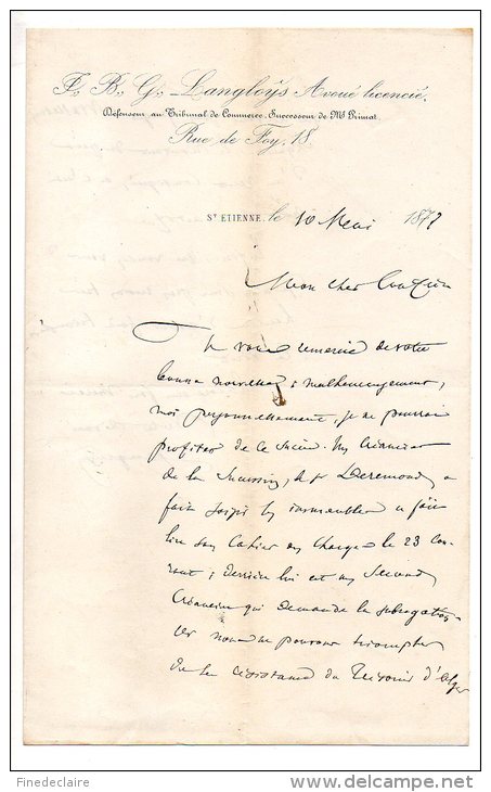 Langloys Avoué Licencié - Défenseur Au Tribunal De Commerce, Rue De Foy, St Etienne - 1872 - Manoscritti