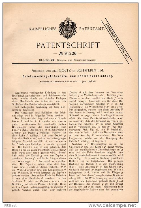 Original Patentschrift - Freiherr Von Der Goltz In Schwerin I.M.,1896, Briefumschlag - Anfeuchtvorrichtung , Mecklenburg - Schwerin