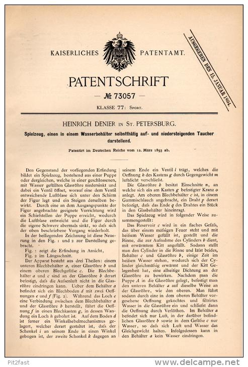 Original Patentschrift - H. Denier In St. Petersburg , 1893 , Taucher Als Spielzeug , Puppe , Rußland , Russland !!! - Antikspielzeug