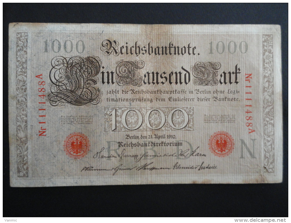 1910 A - 21 Avril 1910 - Billet 1000 Mark - Allemagne - Série A : N° 1111488 A - ReichsBanknote Deutschland Germany - 1.000 Mark