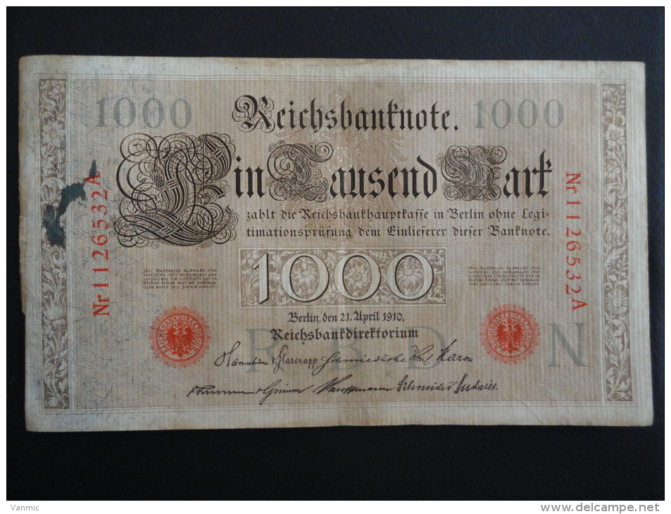 1910 A - 21 Avril 1910 - Billet 1000 Mark - Allemagne - Série A : N° 1126532 A - ReichsBanknote Deutschland Germany - 1000 Mark