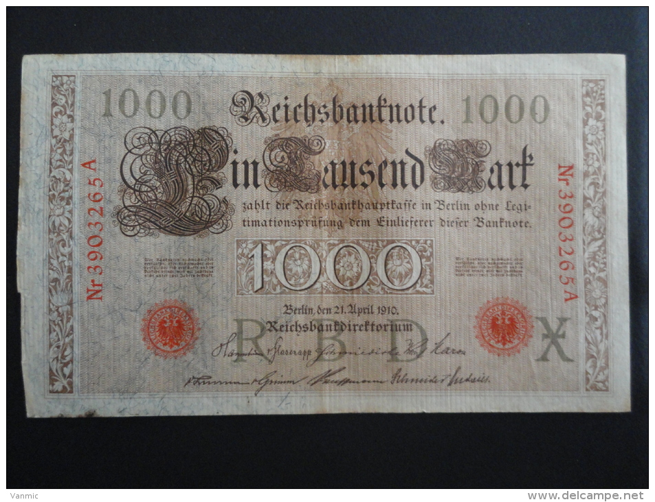 1910 A - 21 Avril 1910 - Billet 1000 Mark - Allemagne - Série A : N° 3903265 A - ReichsBanknote Deutschland Germany - 1.000 Mark