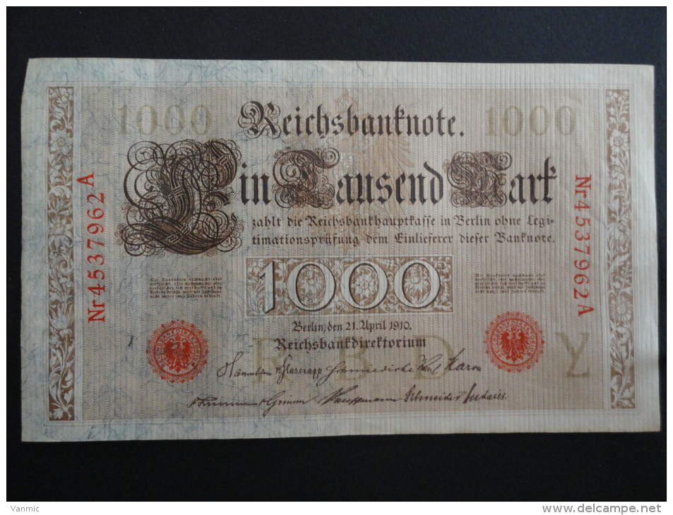 1910 A - 21 Avril 1910 - Billet 1000 Mark - Allemagne - Série A : N° 4537962 A - ReichsBanknote Deutschland Germany - 1.000 Mark