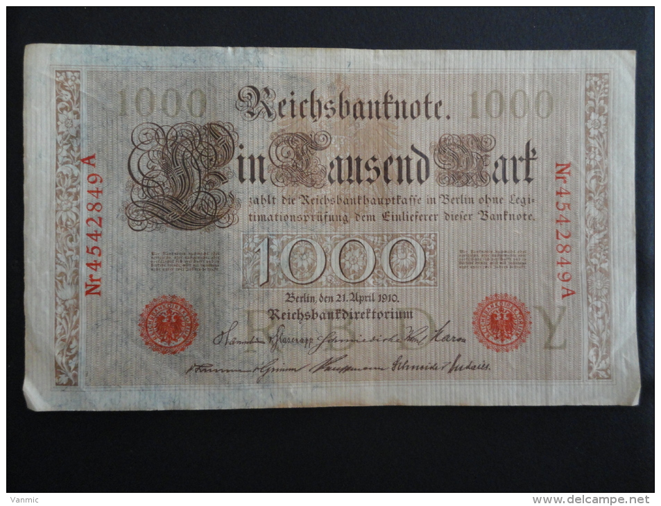 1910 A - 21 Avril 1910 - Billet 1000 Mark - Allemagne - Série A : N° 4542849 A - ReichsBanknote Deutschland Germany - 1000 Mark