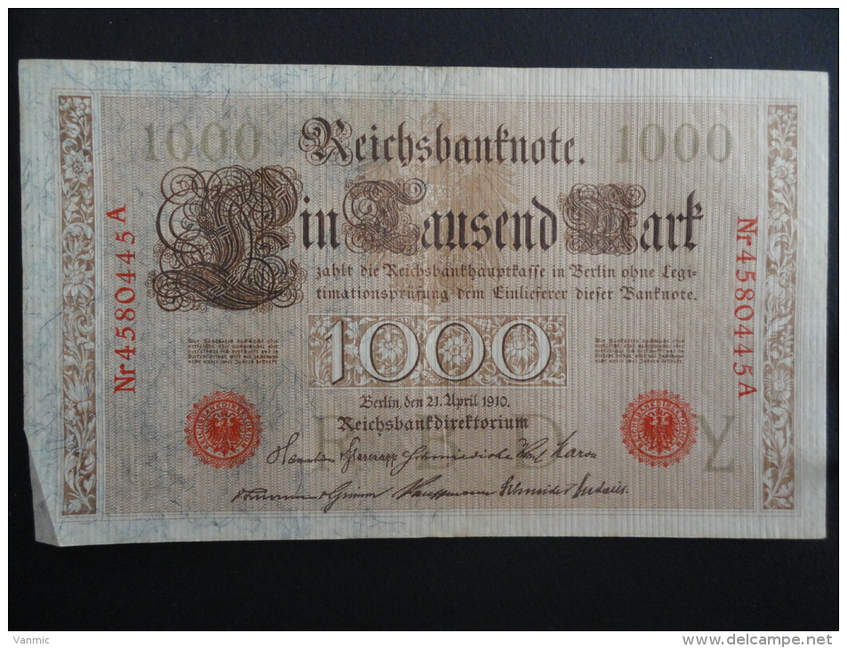 1910 A - 21 Avril 1910 - Billet 1000 Mark - Allemagne - Série A : N° 4580445 A - ReichsBanknote Deutschland Germany - 1.000 Mark