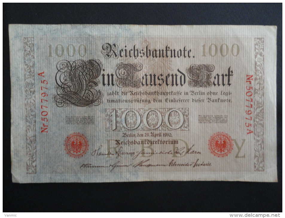 1910 A - 21 Avril 1910 - Billet 1000 Mark - Allemagne - Série A : N° 5077975 A - ReichsBanknote Deutschland Germany - 1.000 Mark