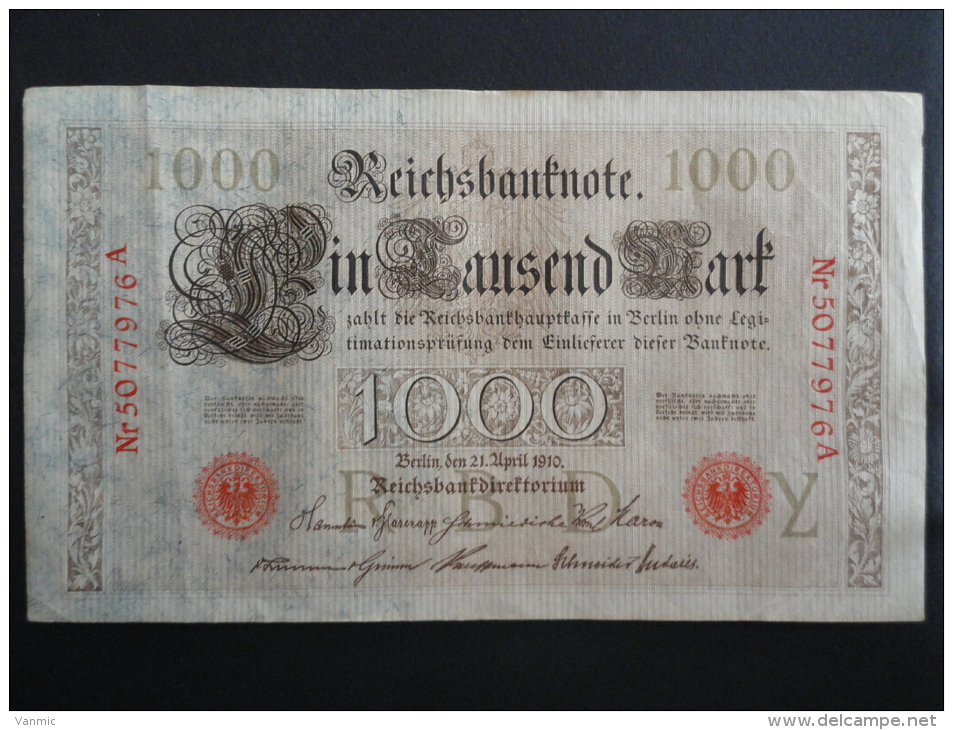 1910 A - 21 Avril 1910 - Billet 1000 Mark - Allemagne - Série A : N° 5077976 A - ReichsBanknote Deutschland Germany - 1.000 Mark