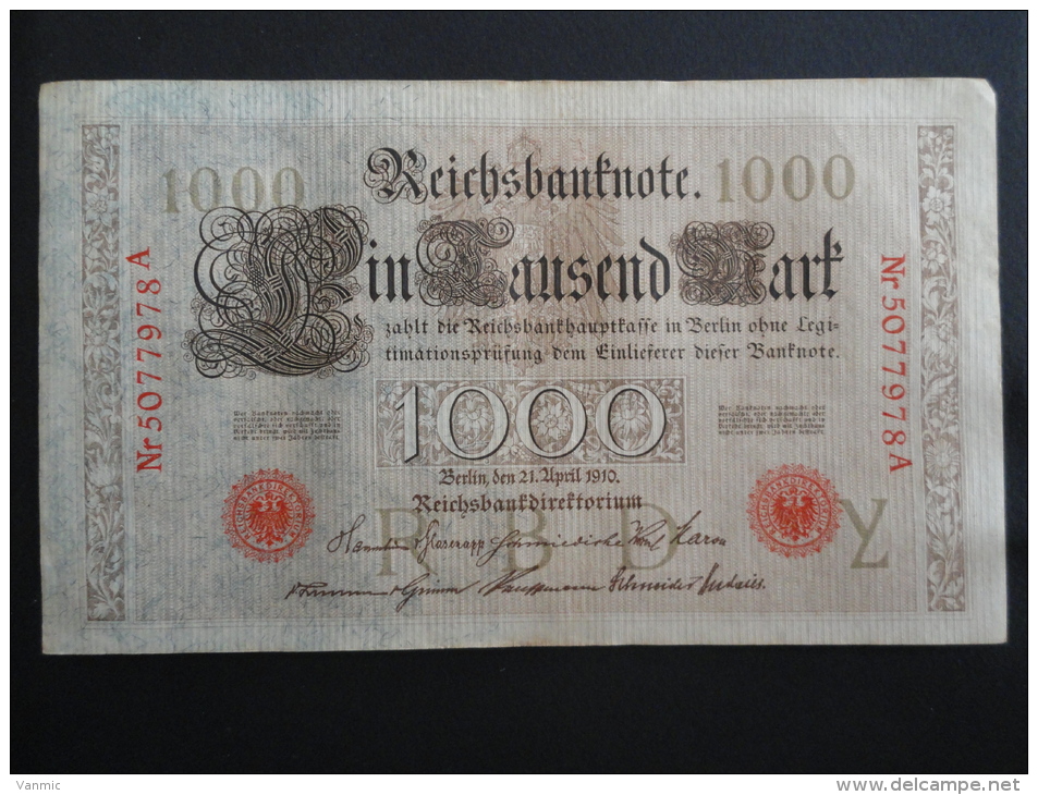 1910 A - 21 Avril 1910 - Billet 1000 Mark - Allemagne - Série A : N° 5077978 A - ReichsBanknote Deutschland Germany - 1000 Mark