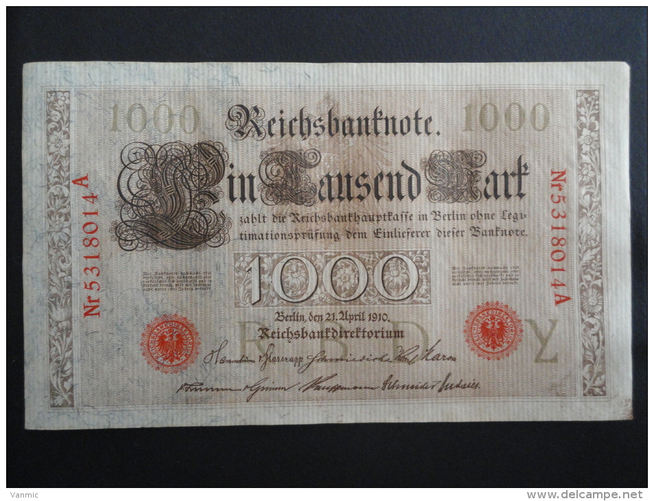 1910 A - 21 Avril 1910 - Billet 1000 Mark - Allemagne - Série A : N° 5318014 A - ReichsBanknote Deutschland Germany - 1.000 Mark