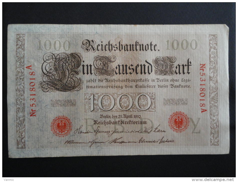 1910 A - 21 Avril 1910 - Billet 1000 Mark - Allemagne - Série A : N° 5318018 A - ReichsBanknote Deutschland Germany - 1000 Mark