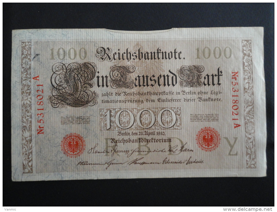 1910 A - 21 Avril 1910 - Billet 1000 Mark - Allemagne - Série A : N° 5318021 A - ReichsBanknote Deutschland Germany - 1000 Mark