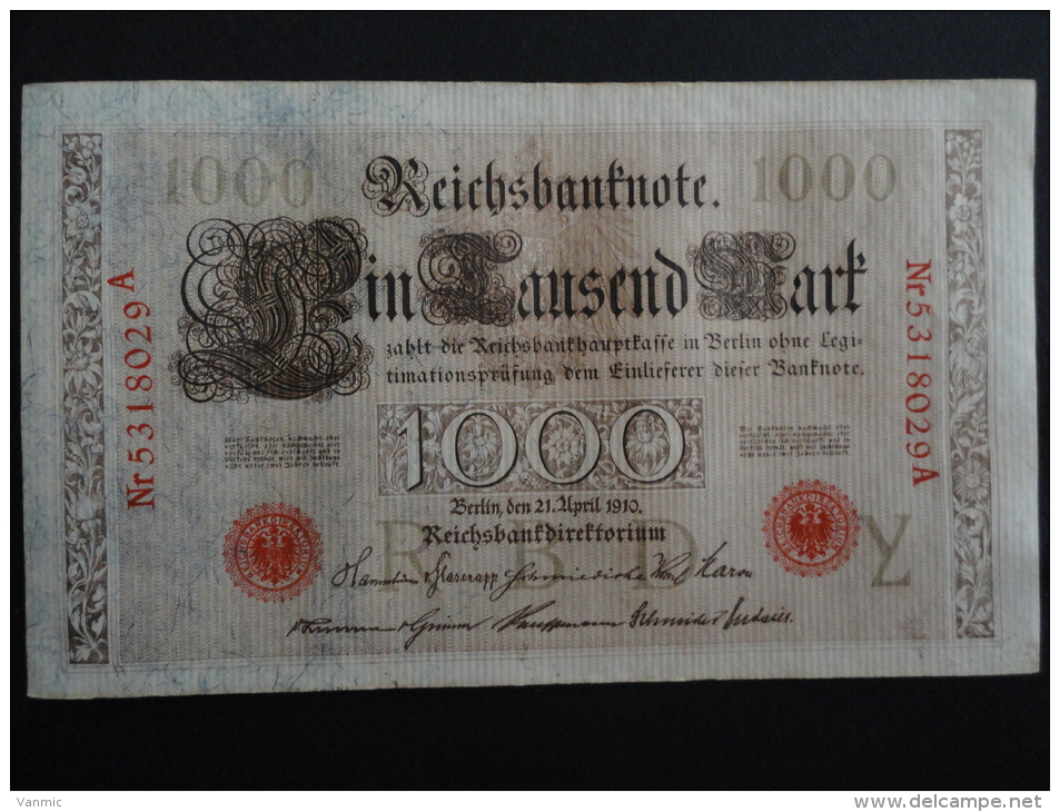 1910 A - 21 Avril 1910 - Billet 1000 Mark - Allemagne - Série A : N° 5318029 A - ReichsBanknote Deutschland Germany - 1000 Mark