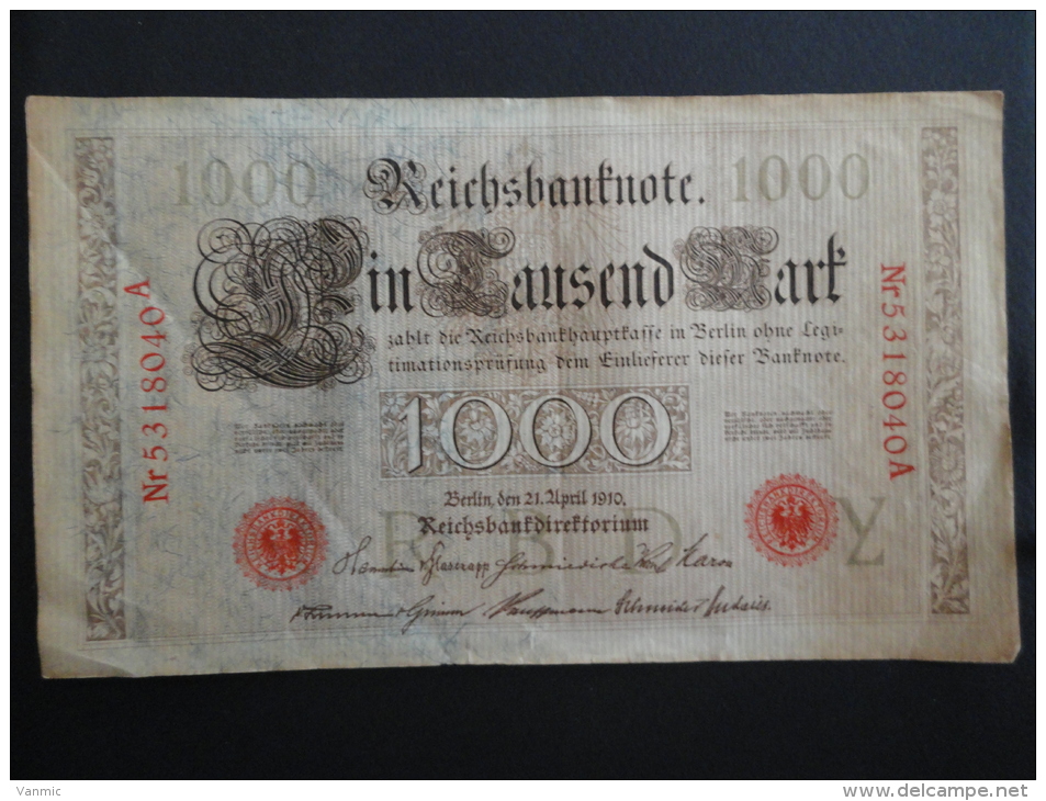 1910 A - 21 Avril 1910 - Billet 1000 Mark - Allemagne - Série A : N° 5318040 A - ReichsBanknote Deutschland Germany - 1.000 Mark