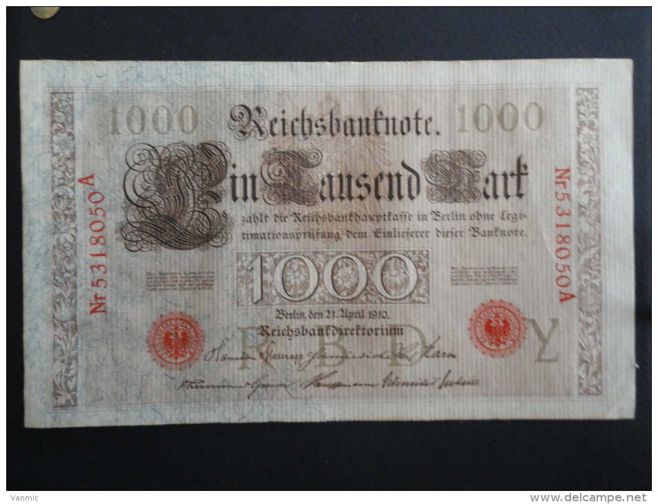 1910 A - 21 Avril 1910 - Billet 1000 Mark - Allemagne - Série A : N° 5318050 A - ReichsBanknote Deutschland Germany - 1.000 Mark