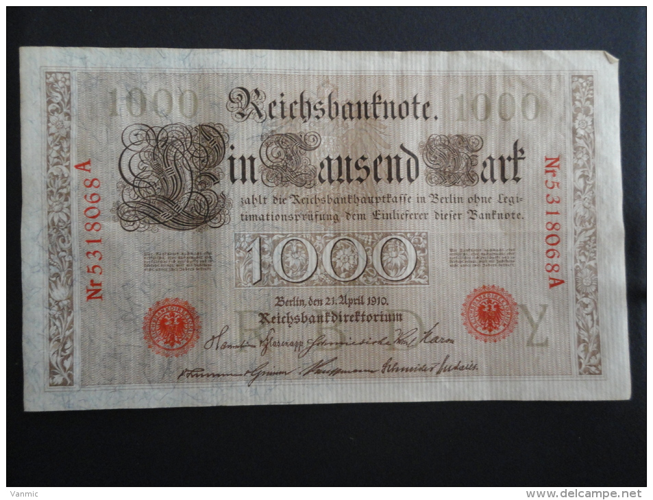 1910 A - 21 Avril 1910 - Billet 1000 Mark - Allemagne - Série A : N° 5318068 A - ReichsBanknote Deutschland Germany - 1000 Mark