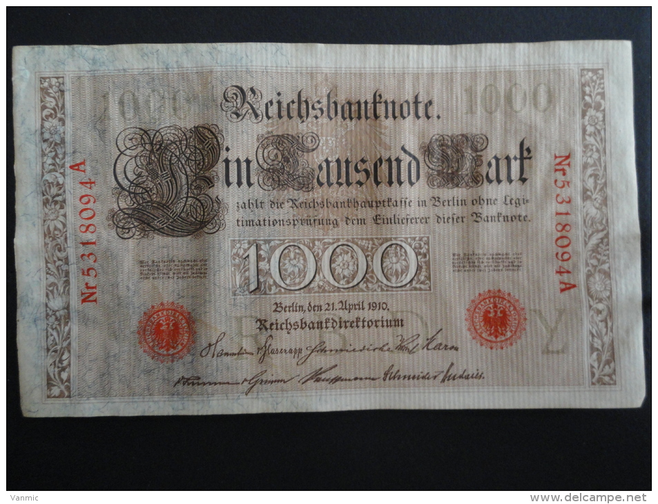 1910 A - 21 Avril 1910 - Billet 1000 Mark - Allemagne - Série A : N° 5318094 A - ReichsBanknote Deutschland Germany - 1000 Mark