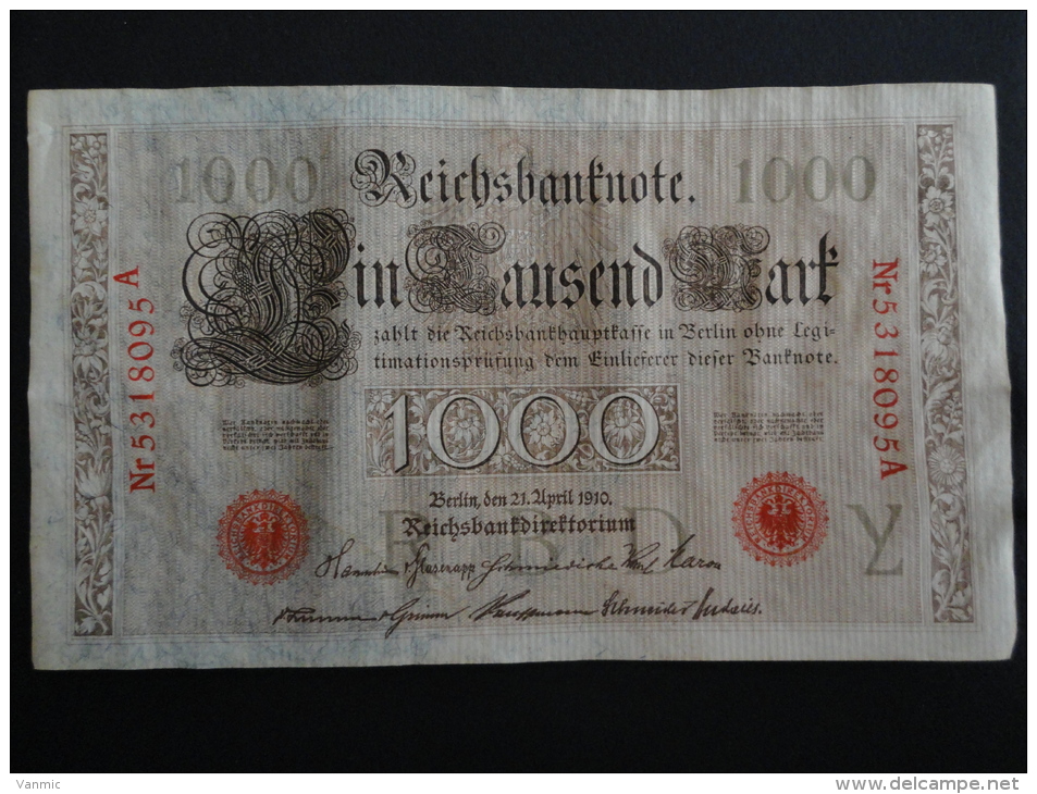 1910 A - 21 Avril 1910 - Billet 1000 Mark - Allemagne - Série A : N° 5318095 A - ReichsBanknote Deutschland Germany - 1000 Mark