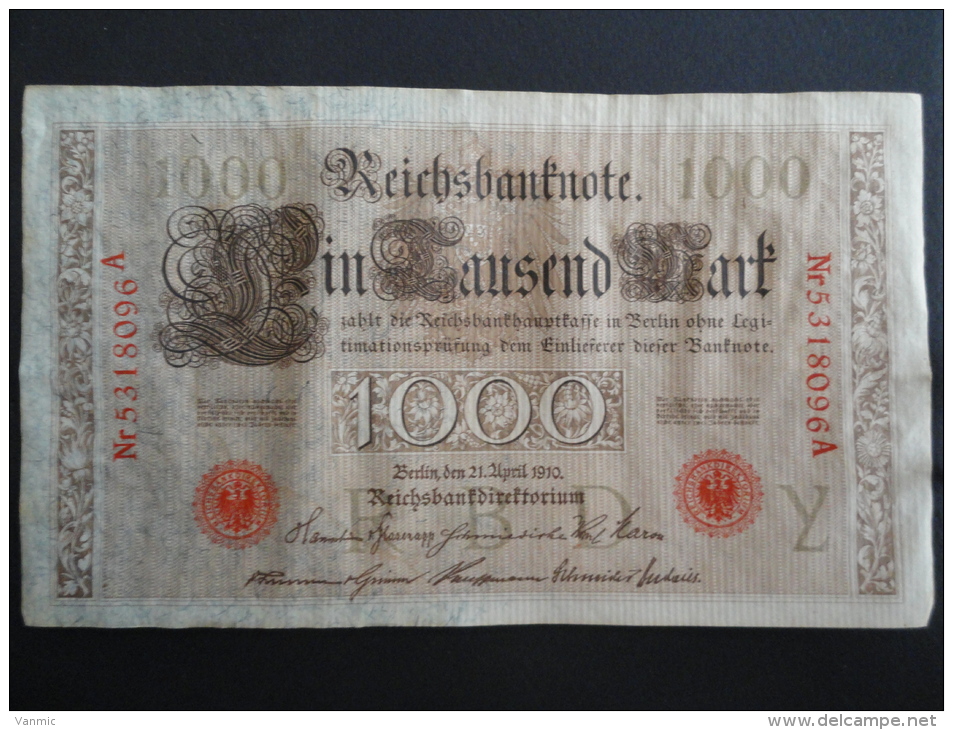 1910 A - 21 Avril 1910 - Billet 1000 Mark - Allemagne - Série A : N° 5318096 A - ReichsBanknote Deutschland Germany - 1000 Mark