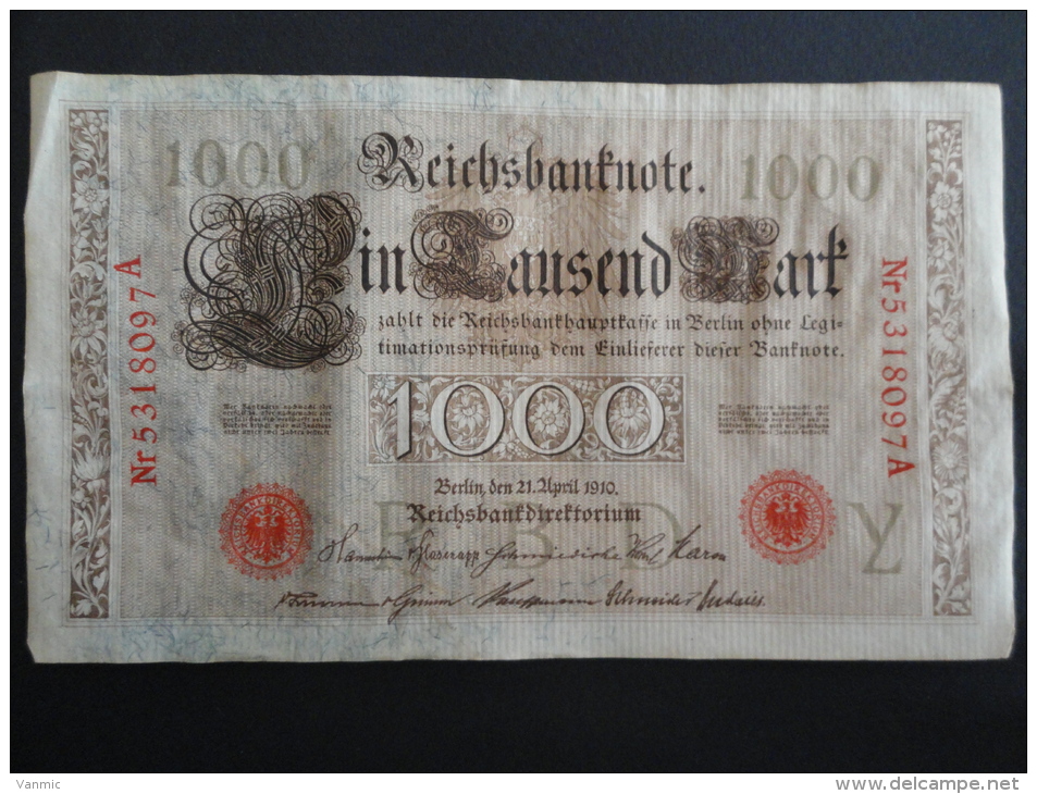 1910 A - 21 Avril 1910 - Billet 1000 Mark - Allemagne - Série A : N° 5318097 A - ReichsBanknote Deutschland Germany - 1.000 Mark