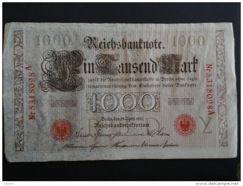 1910 A - 21 Avril 1910 - Billet 1000 Mark - Allemagne - Série A : N° 5318098 A - ReichsBanknote Deutschland Germany - 1000 Mark