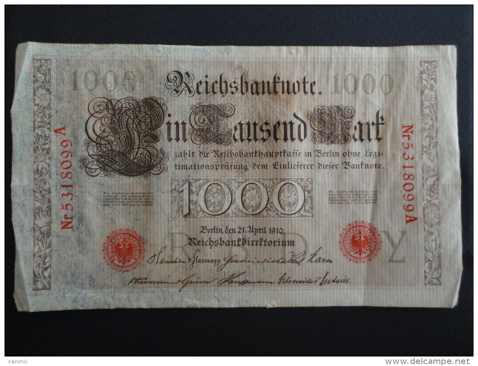 1910 A - 21 Avril 1910 - Billet 1000 Mark - Allemagne - Série A : N° 5318099 A - ReichsBanknote Deutschland Germany - 1.000 Mark