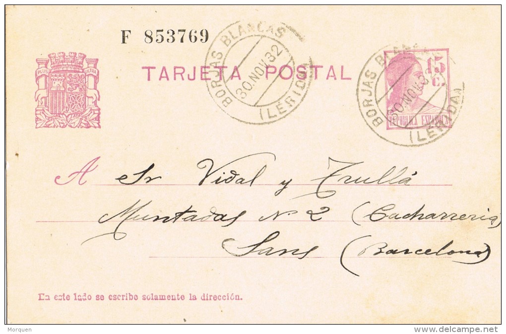 5723. Entero Postal BORJAS BLANCAS (Lerida) 1932, Republica - 1931-....