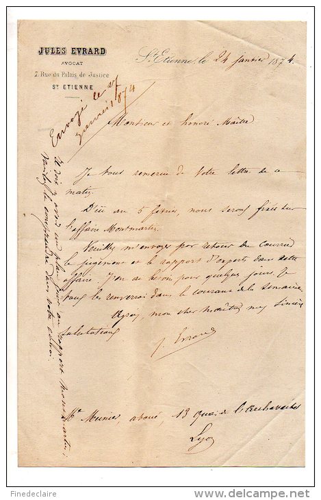 Jules Evrard, Avocat, Rue Du Palais De Justice, St Etienne - 1874 - Manuscrits