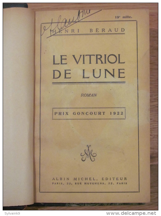 HENRI BERAUD LE VITRIOL DE LUNE ALBIN MICHEL 1921 GONCOURT 1922     RELIE - 1901-1940