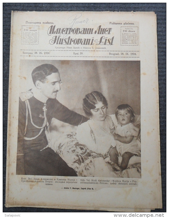 ILUSTROVANI LIST, KRALJ ALEKSANDAR I  KRALJICA MARIJA SA PRESTOLONASLEDNIKOM PETROM, STJEPAN RADI&#262;    1924   4 SCAN - Revistas & Periódicos