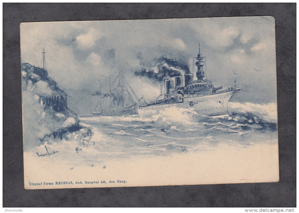 CPA Illustrée Par Richard Lindner - Bateau Navire De Guerre - Uiitgaaf Firma MAECENAS , Ged. Burgwal 40 , Den Haag - Lassalvy