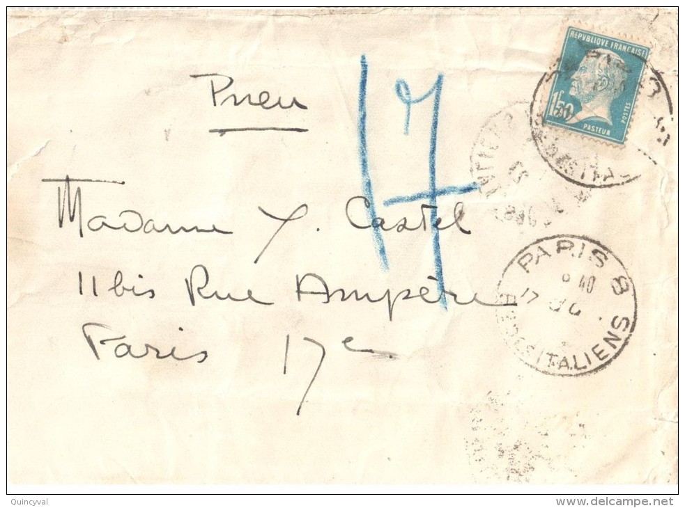 2559 Pneumatique Lettre 1,50 F Pasteur Bleu Yv 181 Paris 8 Vers 17 - Storia Postale