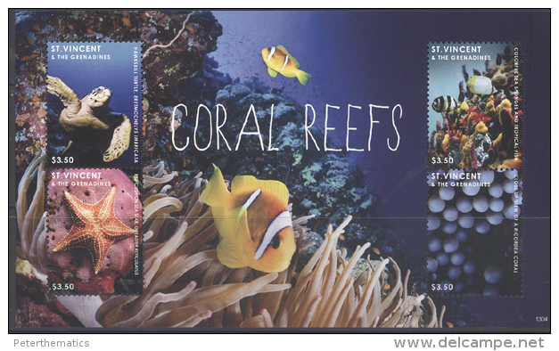 ST. VINCENT & THE GRENADINES,2013,CORALS, CORAL GEEFS, TURTLES, FISH, STARFISH, SHEETLET+ S/SHEET,MNH , NICE - Schildkröten