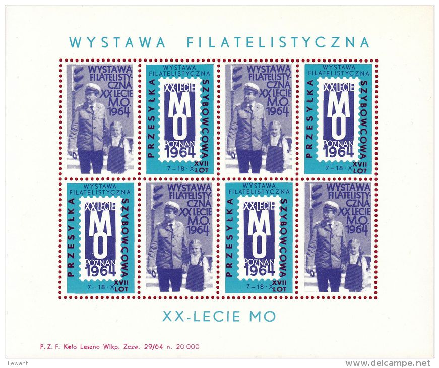 POLAND 1964 20TH ANNIV MO MILITIA POLICE POZNAN PHILATELIC EXPO S/S NHM, POLICEMAN, GIRL - GLIDER MAIL OVERPRINT 1 - Planeurs