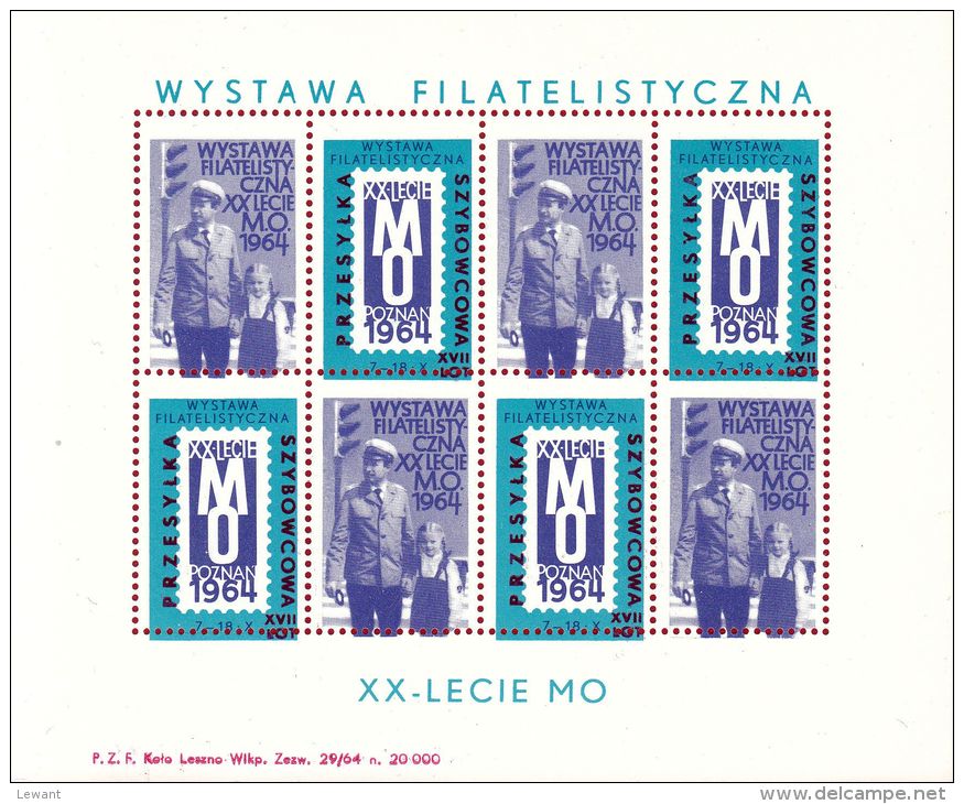 POLAND 1964 20TH ANNIV MO MILITIA POLICE POZNAN PHILATELIC EXPO S/S NHM, POLICEMAN, GIRL - GLIDER MAIL OVERPRINT Shifted - Zweefvliegers