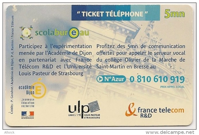 Ticket FT Non Référencé - Utilisé Gratté état Non Luxe - Scolabureau - Collège Olivier De La Marche - 5mn    RARE - FT
