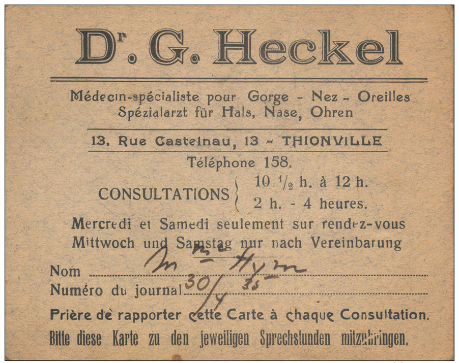 Carte De Visite / Consultation Bilingue FR/DE - Dr G. Heckel, Oto-rhino-laryngologiste (Thionville, 57) - Années 1930 - Cartes De Visite