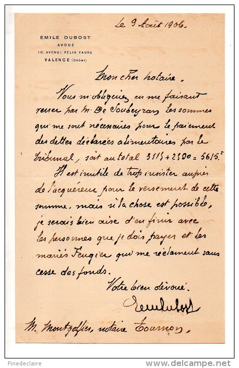 Emile Dubost, Avoué, Avenue Félix Faure, Valence (Drôme) - 1906 - Manoscritti