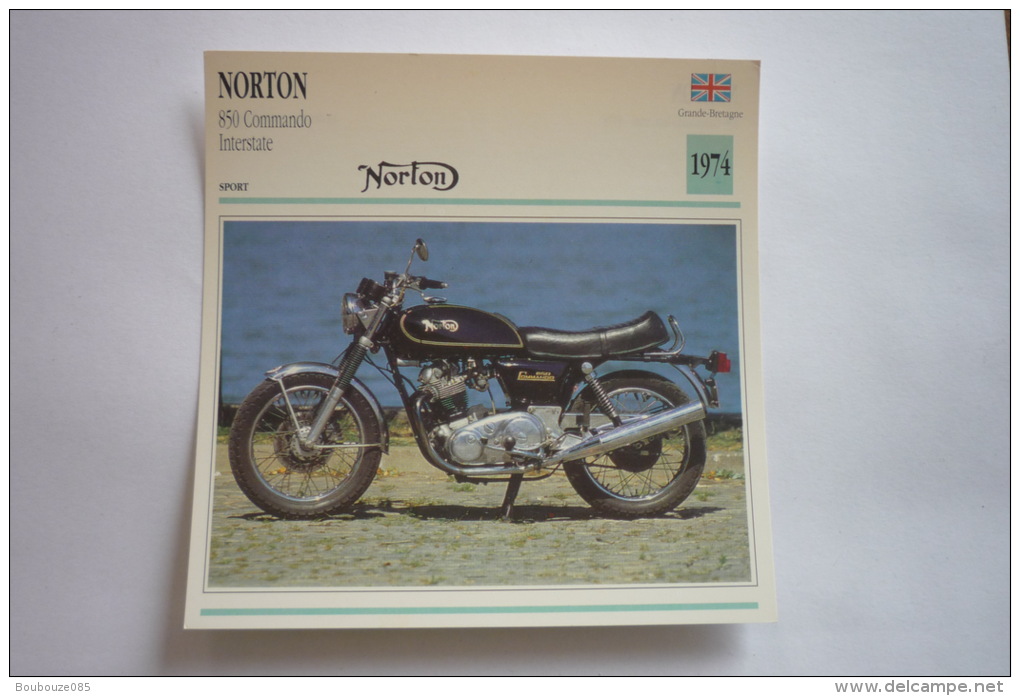 Transports - Sports Moto-carte Fiche Technique Moto - Norton 850 Commando Interstate - Sport -1974 ( Description Au Dos - Motorcycle Sport