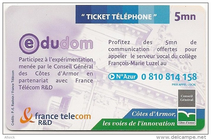 Ticket FT Non Référencé  -  NEUF   -    EDUDOM    -  Collège François Marie Luzel De Plouaret  -          5mn    RARE - Tickets FT