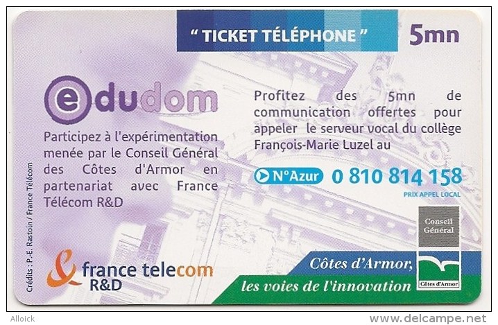 Ticket FT Non Référencé  -  NEUF   -    EDUDOM    -  Collège François Marie Luzel De Plouaret  -          5mn    RARE - FT