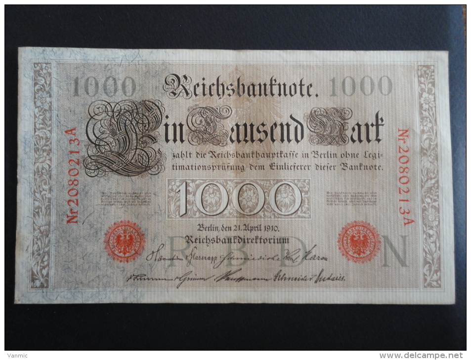 1910 A - 21 Avril 1910 - Billet 1000 Mark - Allemagne - Série A : N° 2080213 A - ReichsBanknote Deutschland Germany - 1.000 Mark