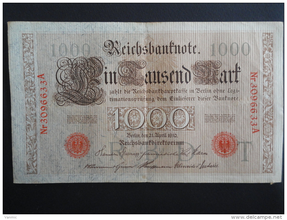 1910 A - 21 Avril 1910 - Billet 1000 Mark - Allemagne - Série A : N° 3096633 A - ReichsBanknote Deutschland Germany - 1000 Mark