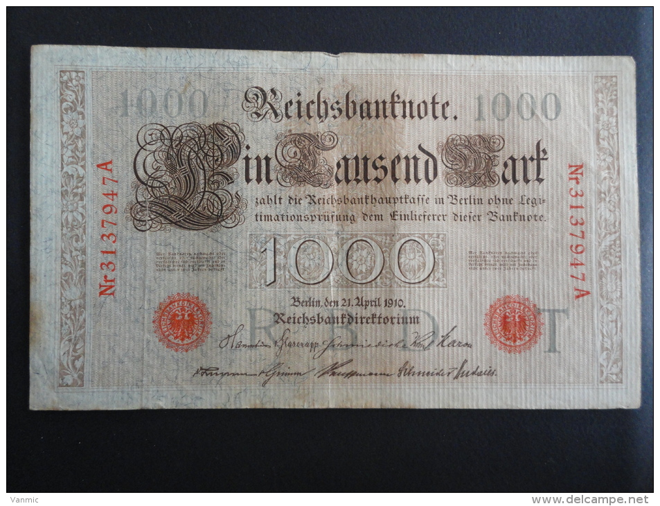 1910 A - 21 Avril 1910 - Billet 1000 Mark - Allemagne - Série A : N° 3137947 A - ReichsBanknote Deutschland Germany - 1000 Mark